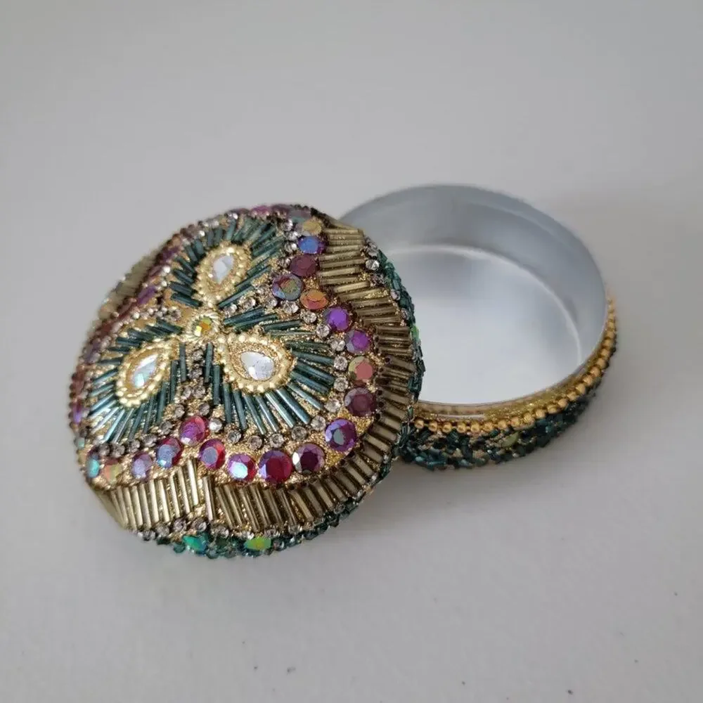 Vintage Beaded Trinket Jewelry Box Round Domed Iridescent Gold Turquoise Pink